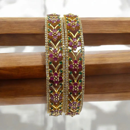 Floral Ruby & Emerald Gold Bangle Set