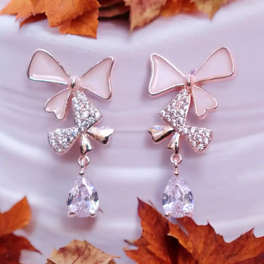 Pink Bow Crystal Drop Earrings