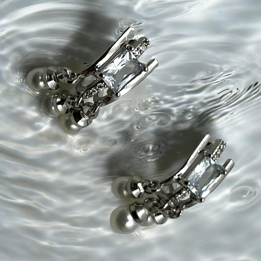 Geometric Crystal and Pearl Drop Earrings