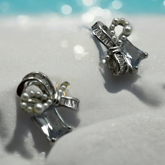 Ribbon and Pearl Geometric Crystal Earrings