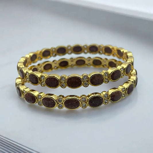Classic Oval Stone & Crystal Gold Bangle Set