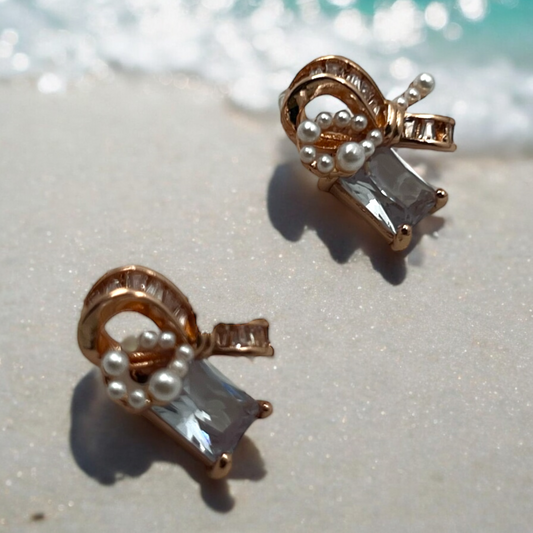Rose Gold Ribbon and Pearl Crystal Earrings