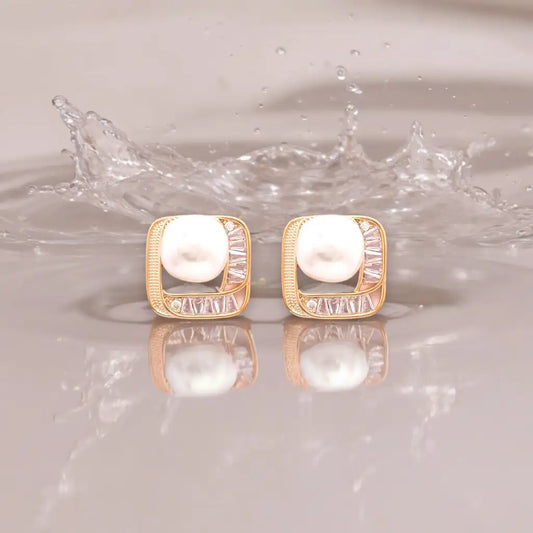 Radiant Pearl Square Stud Earrings