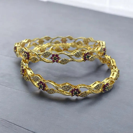 Twisted Floral Ruby & Crystal Gold Bangle Set