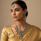 Antique Victorian bridal necklace set with Kempu stones and pearls, worn on model with earrings and maang tikka