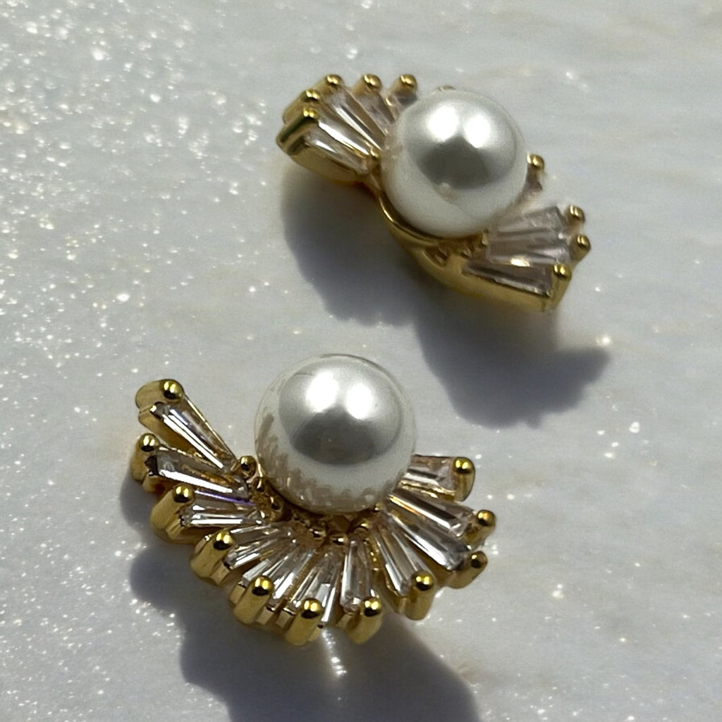 Radiant Pearl and Baguette Crystal Stud Earrings