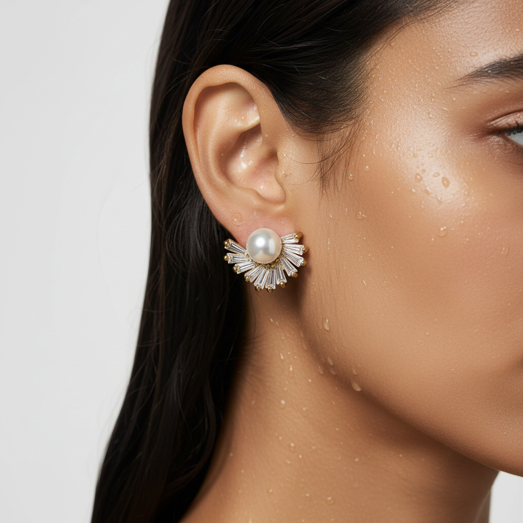 Radiant Pearl and Baguette Crystal Stud Earrings