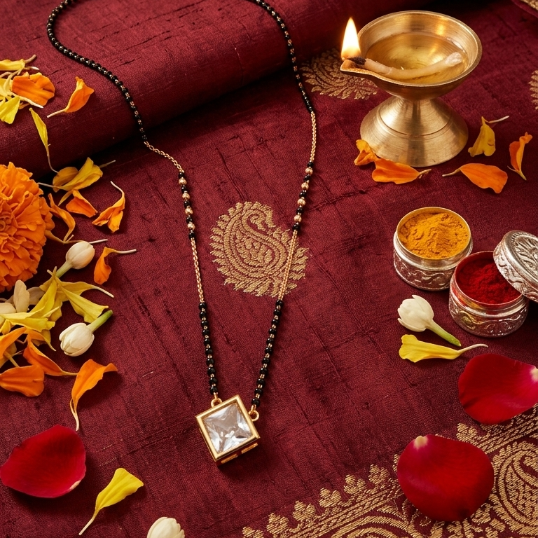Necklace on a maroon fabric with decorative elements