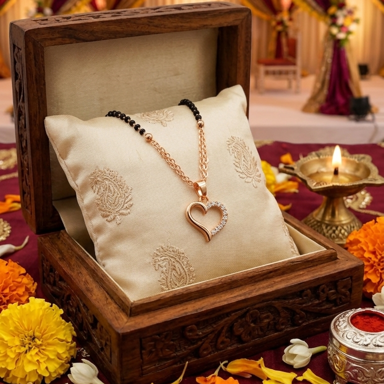 Jewelry box with a necklace on a decorative table with flowers and candles.