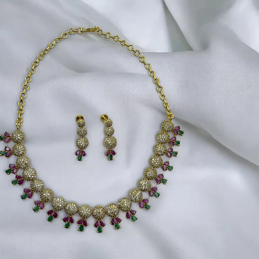Golden Crystal Drop Necklace and Earrings Set