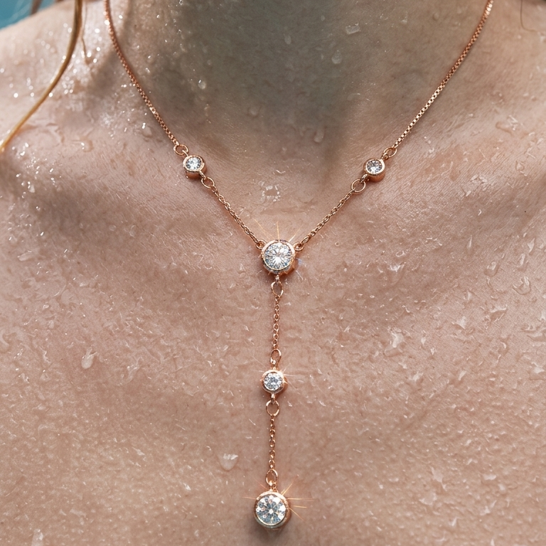 Rose gold necklace with clear gemstones on a person's neck