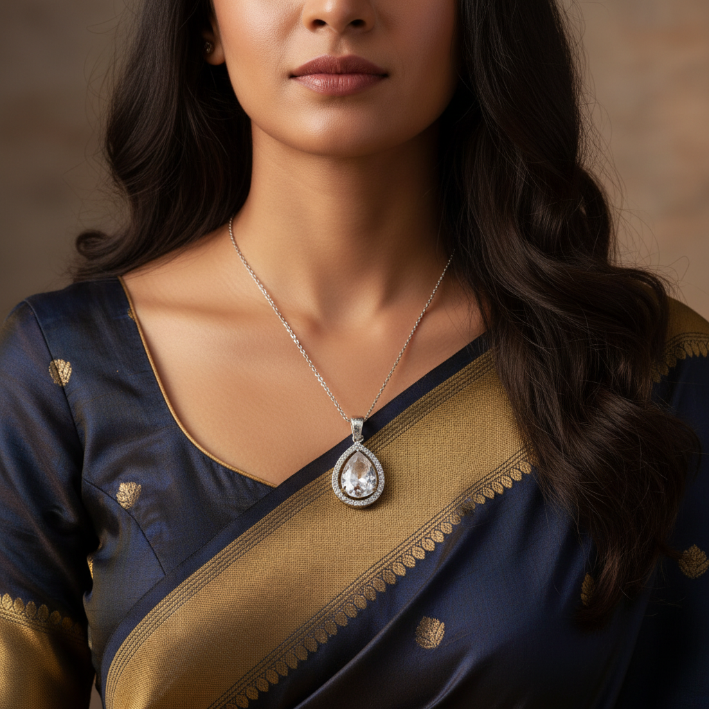 Silver teardrop pendant necklace with clear crystal halo, worn on model with saree