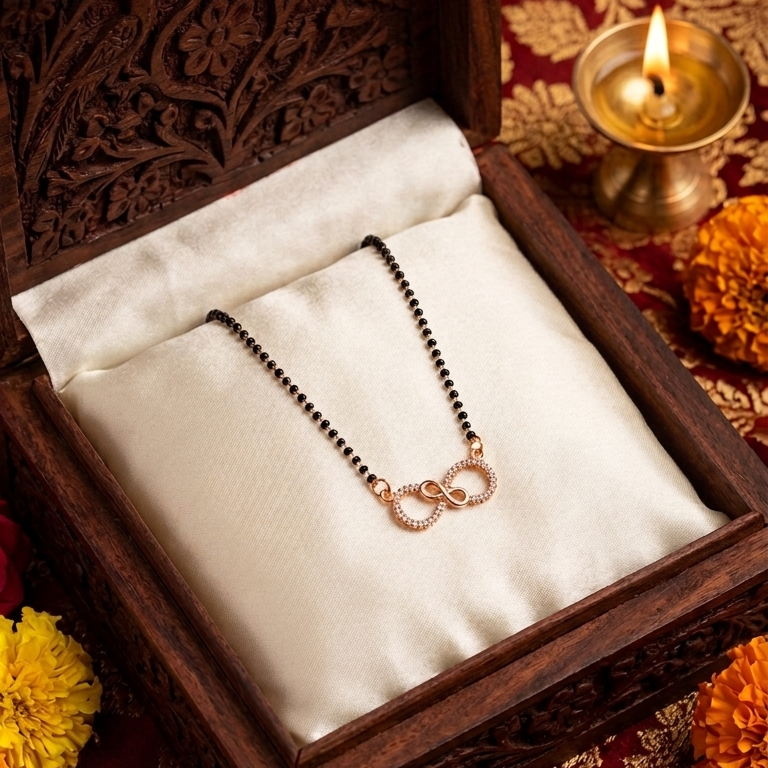 Mangalsutra necklace in a wooden box with decorative elements on a patterned fabric background