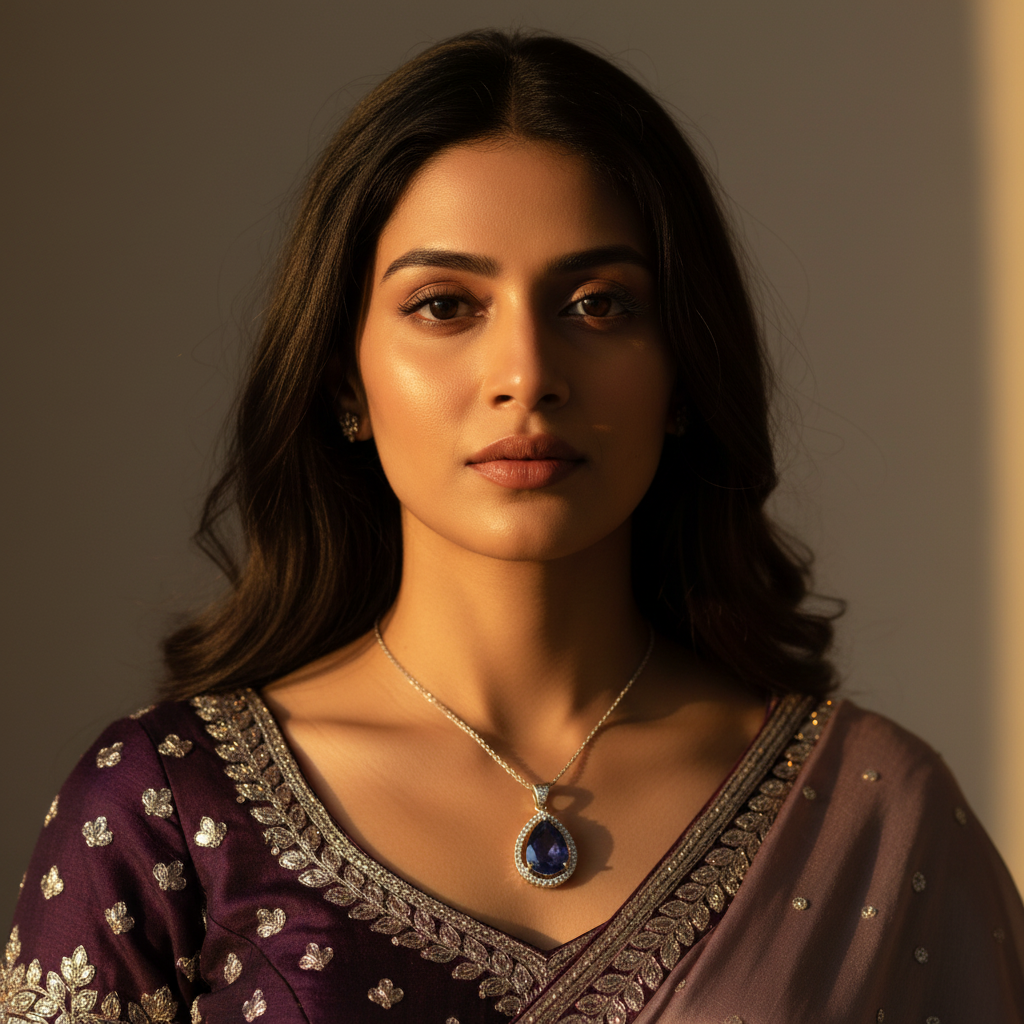 Silver-tone blue drop pendant with pear stone and crystal halo, worn on model with festive saree
