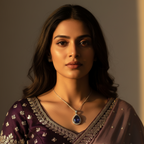 Silver-tone blue drop pendant with pear stone and crystal halo, worn on model with festive saree