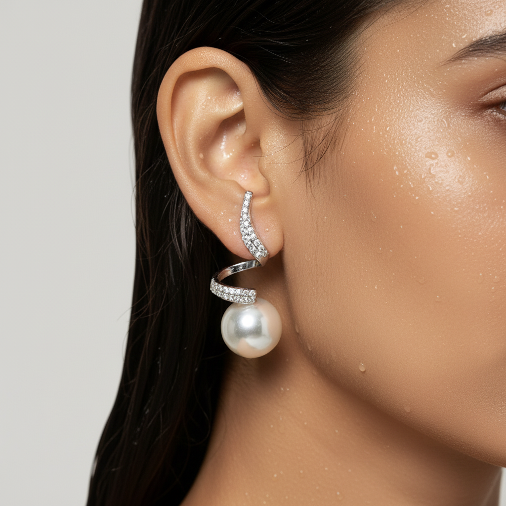 Spiral Pearl and Crystal Drop Earrings