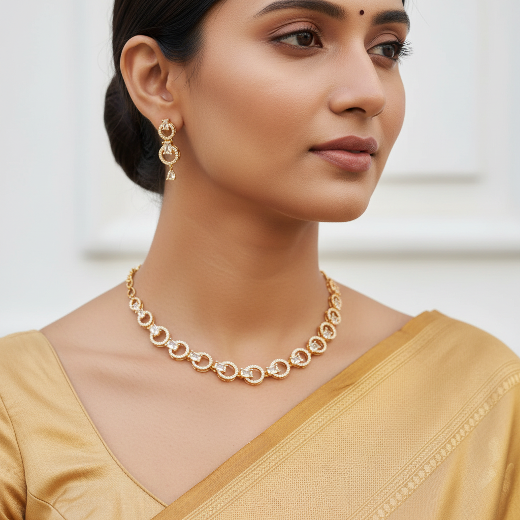Rose-Gold Radiance American Diamond (AD) Necklace and Earrings Set