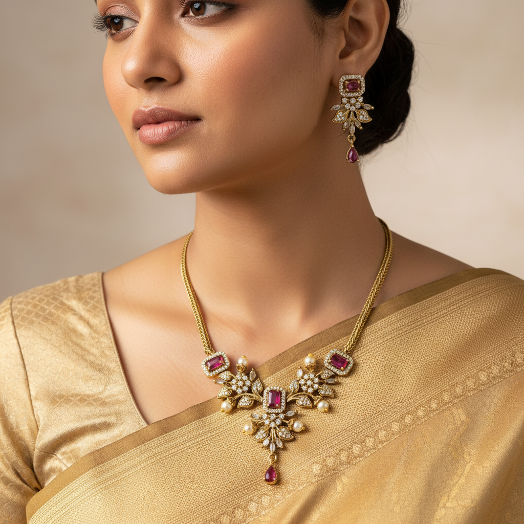 Roshini Ruby Pearl Necklace Set