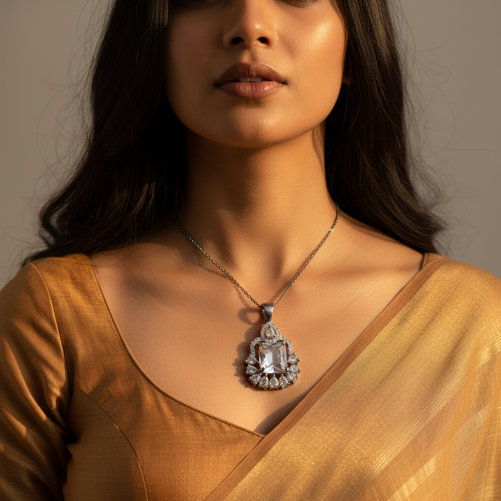 Silver-tone emerald-cut crystal pendant with pear CZ halo, worn on a woman's neck on a fine chain