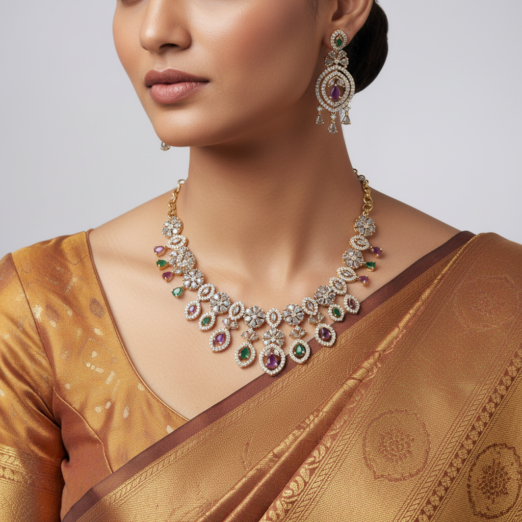 Emerald and Amethyst Necklace & Earrings Set