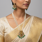 Gold pearl temple necklace set with Lakshmi pendant, kundan stones and green drops, flat-lay with earrings