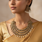 Antique gold-toned three-tiered floral necklace set with pearl drops, worn on model with matching earrings