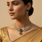 Gold green-stone necklace and drop earrings set with emerald centre and white CZ, worn on model with saree