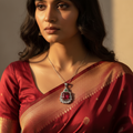 Silver-tone ruby-red pendant necklace with white-stone halo, worn on model with red saree