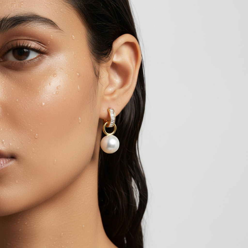 Gold Baguette-Cut Pearl Drop Earrings