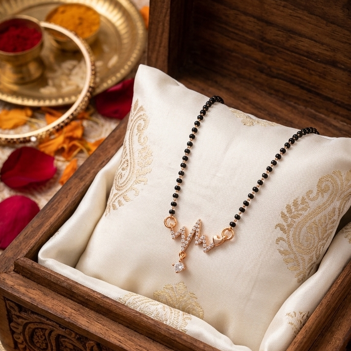 Necklace in a wooden jewelry box with decorative elements and rose petals.