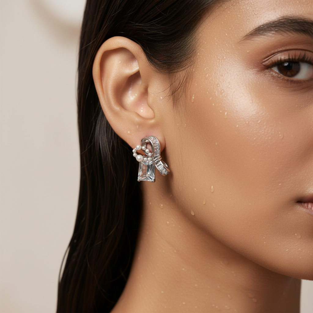 Ribbon and Pearl Geometric Crystal Earrings