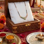 Decorative wooden jewelry box with a necklace on a festive background