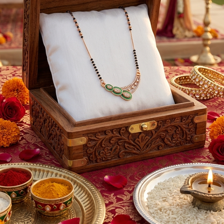 Decorative wooden jewelry box with a necklace on a festive background