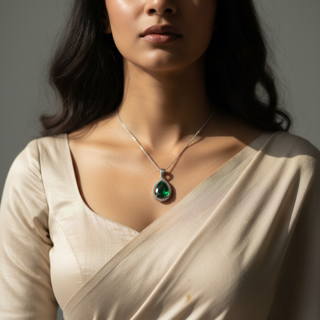 Silver-tone green pear pendant with clear-stone halo, worn on a chain by a woman in a cream saree
