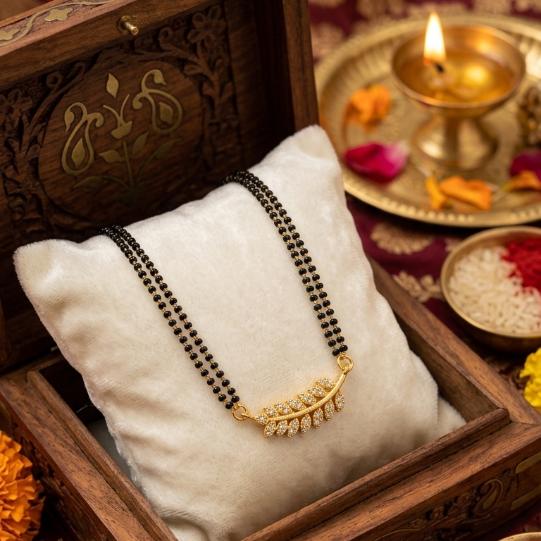 Gold necklace on a white pillow in an ornate wooden box with decorative elements.
