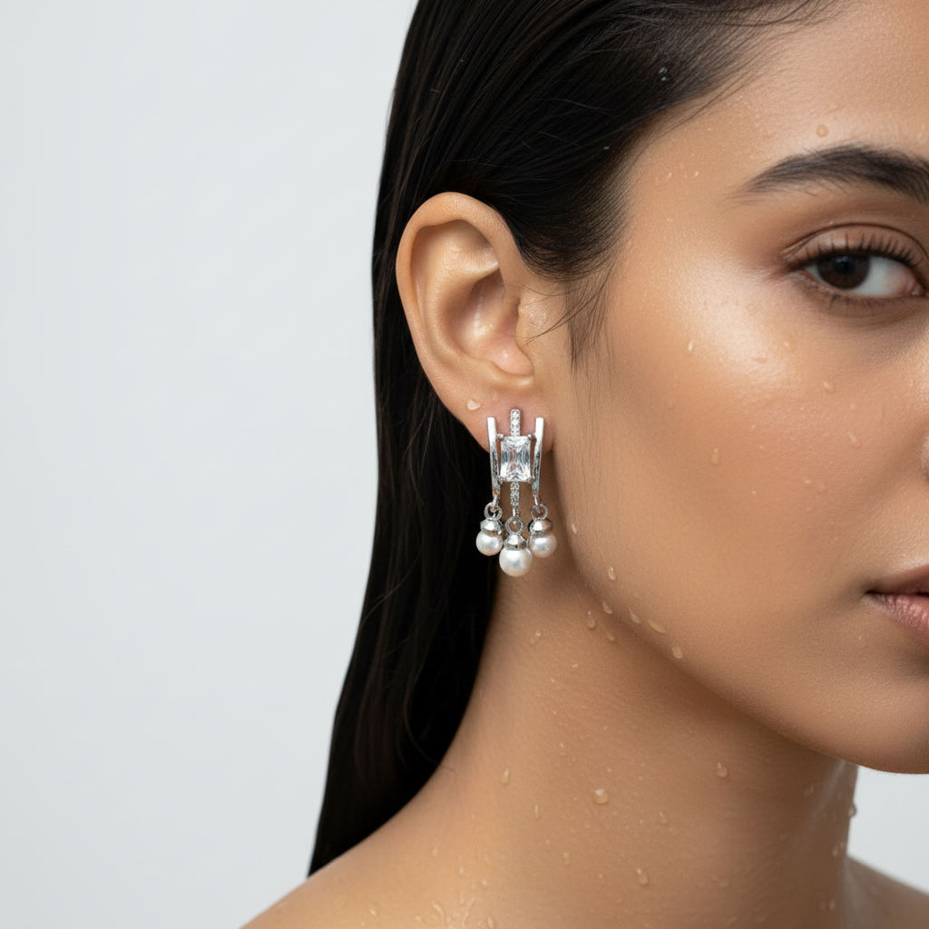 Geometric Crystal and Pearl Drop Earrings
