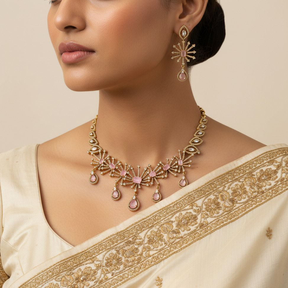 Woman wearing a gold necklace and earrings with a beige saree