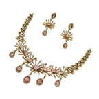 Gold and pink jewelry set with necklace and earrings on a white background