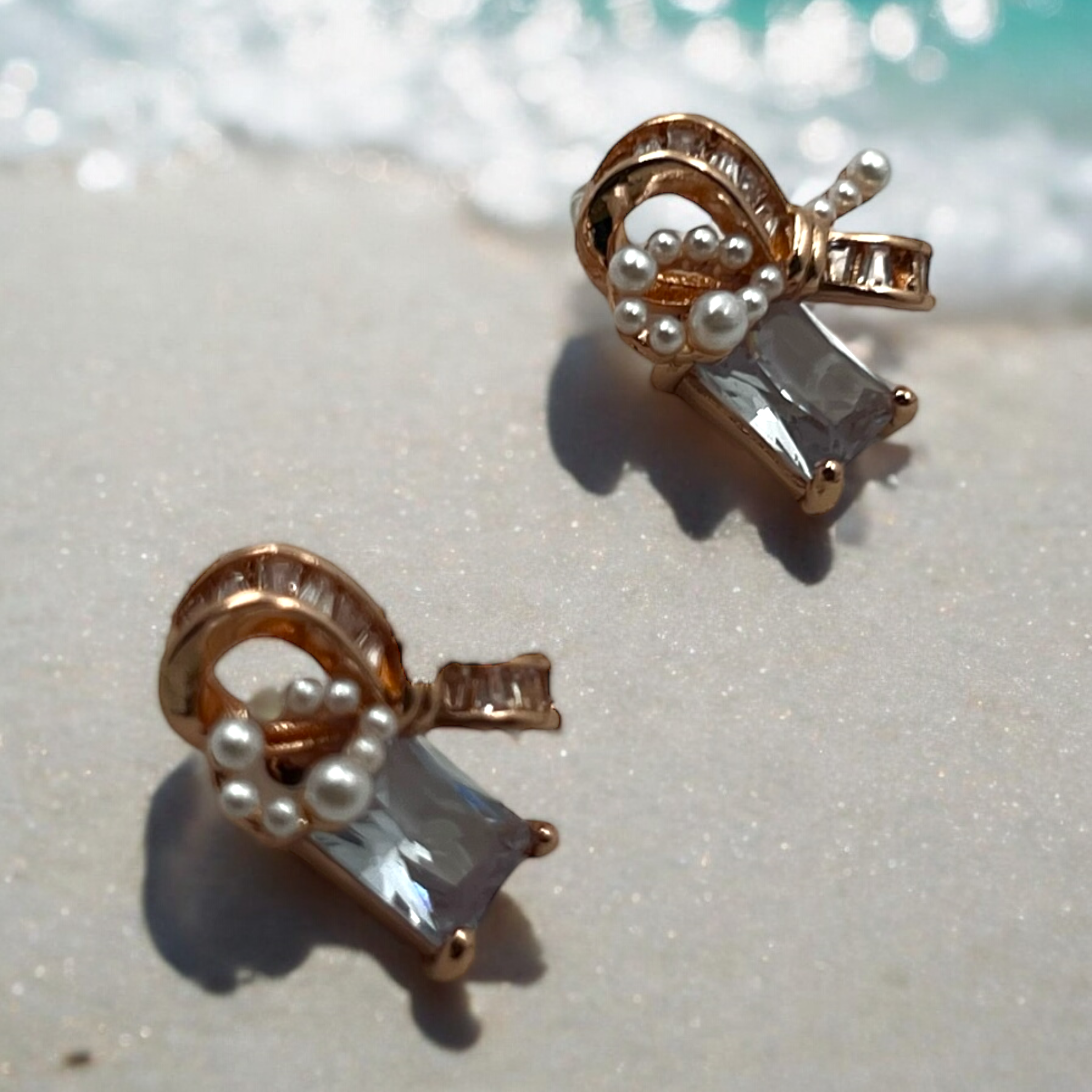 Rose Gold Ribbon and Pearl Crystal Earrings