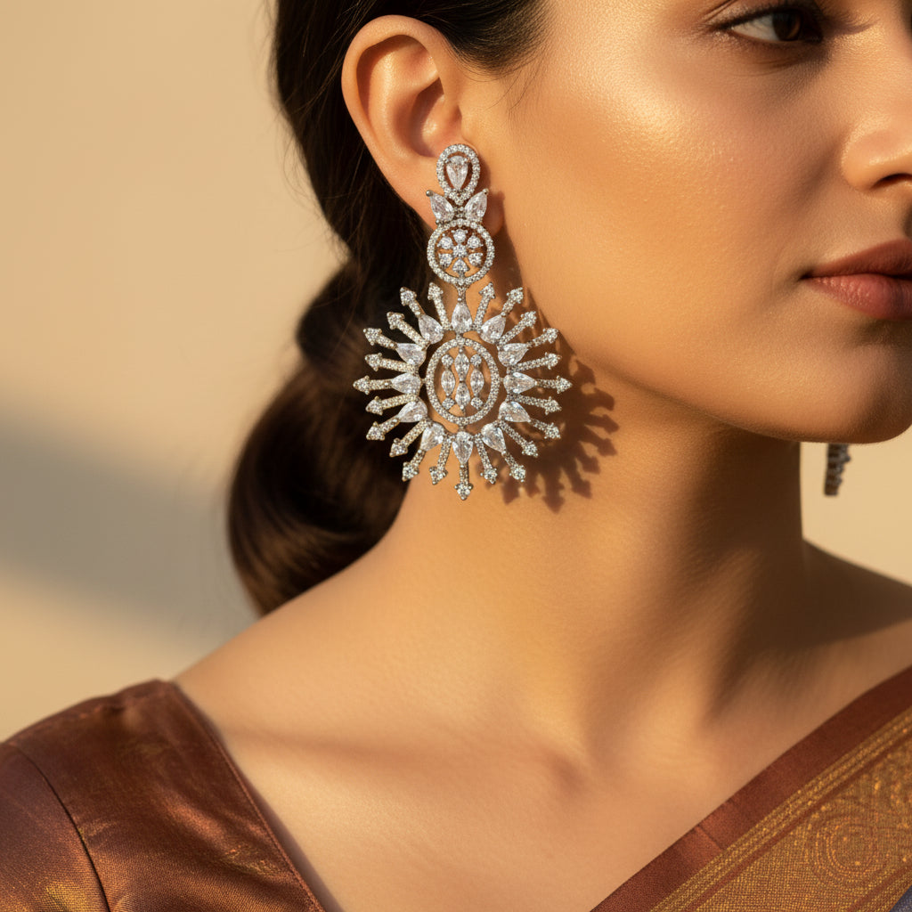 Silver Celestial Bloom Crystal Statement Earrings