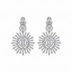 Silver-tone sunburst crystal statement earrings with marquise stones, flat lay pair on white background