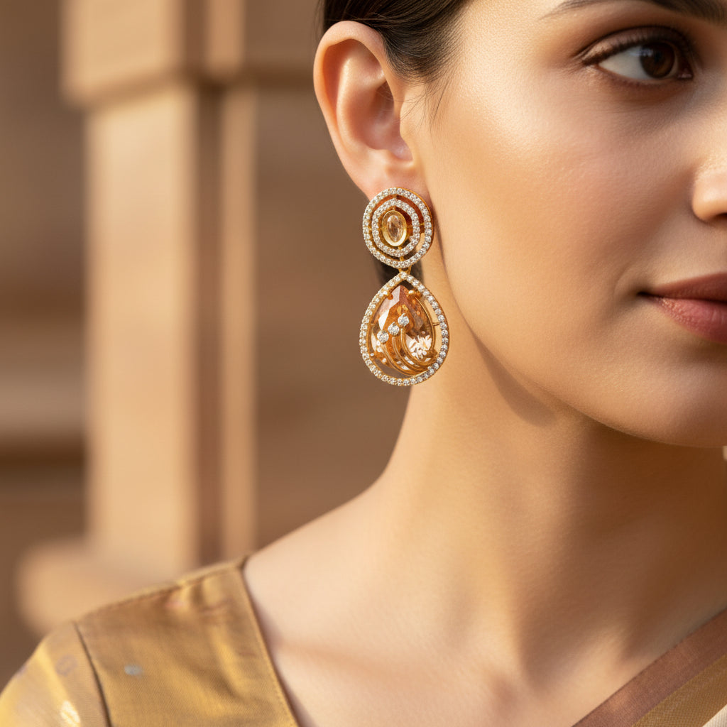 Gold teardrop Champagne Crystal Halo Drop Statement Earrings