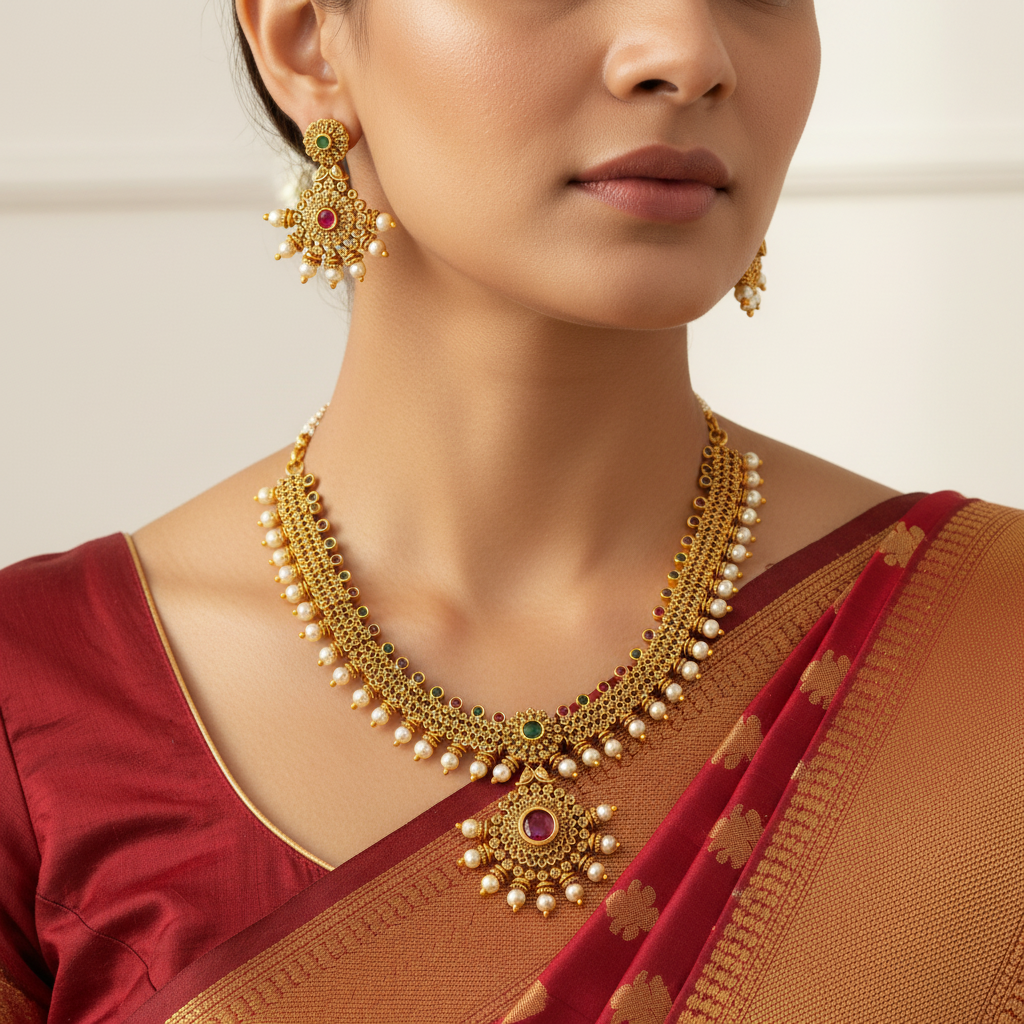 Woman wearing a gold necklace and earrings with a red and brown saree.