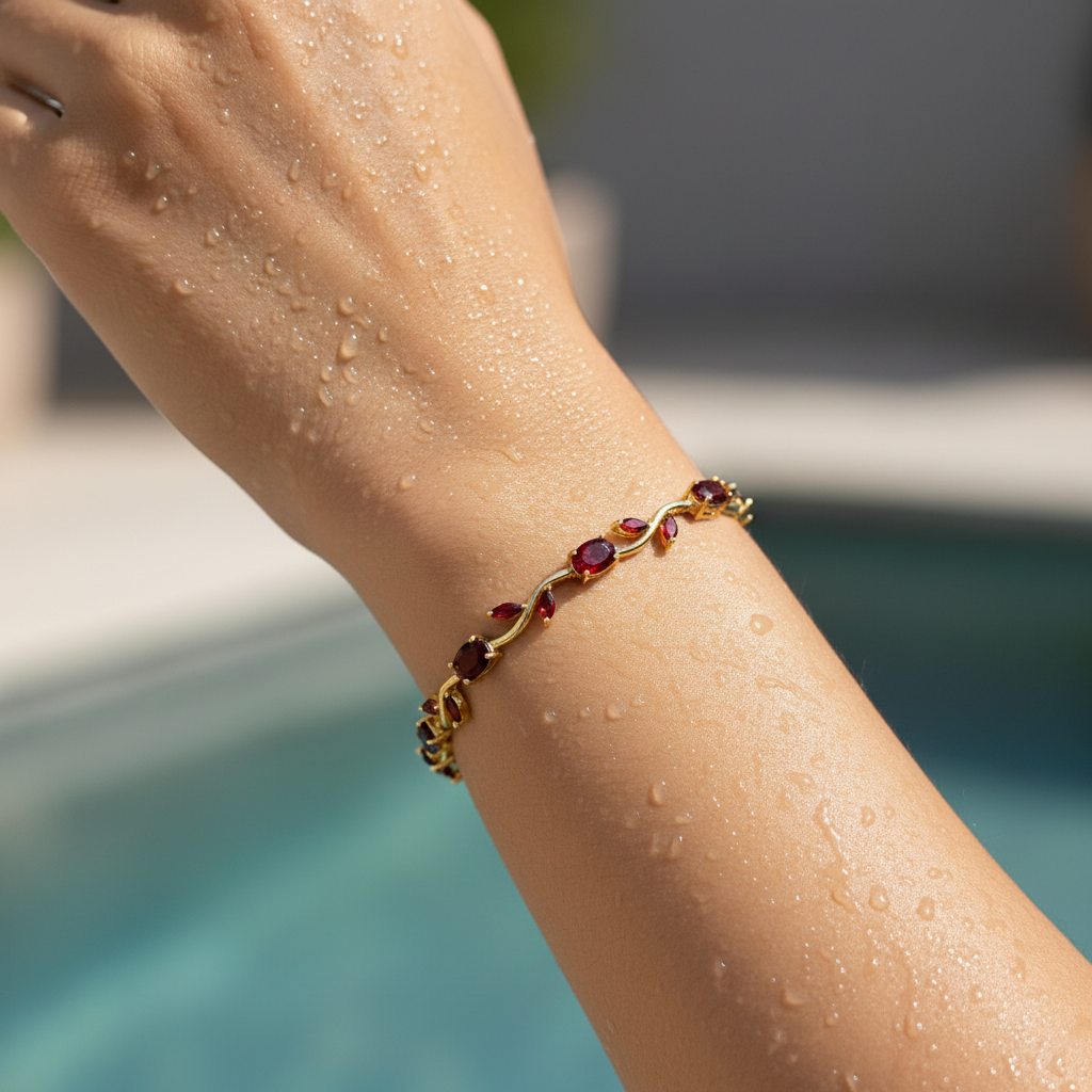 Gold bracelet with red gemstones on a person's wrist by a pool