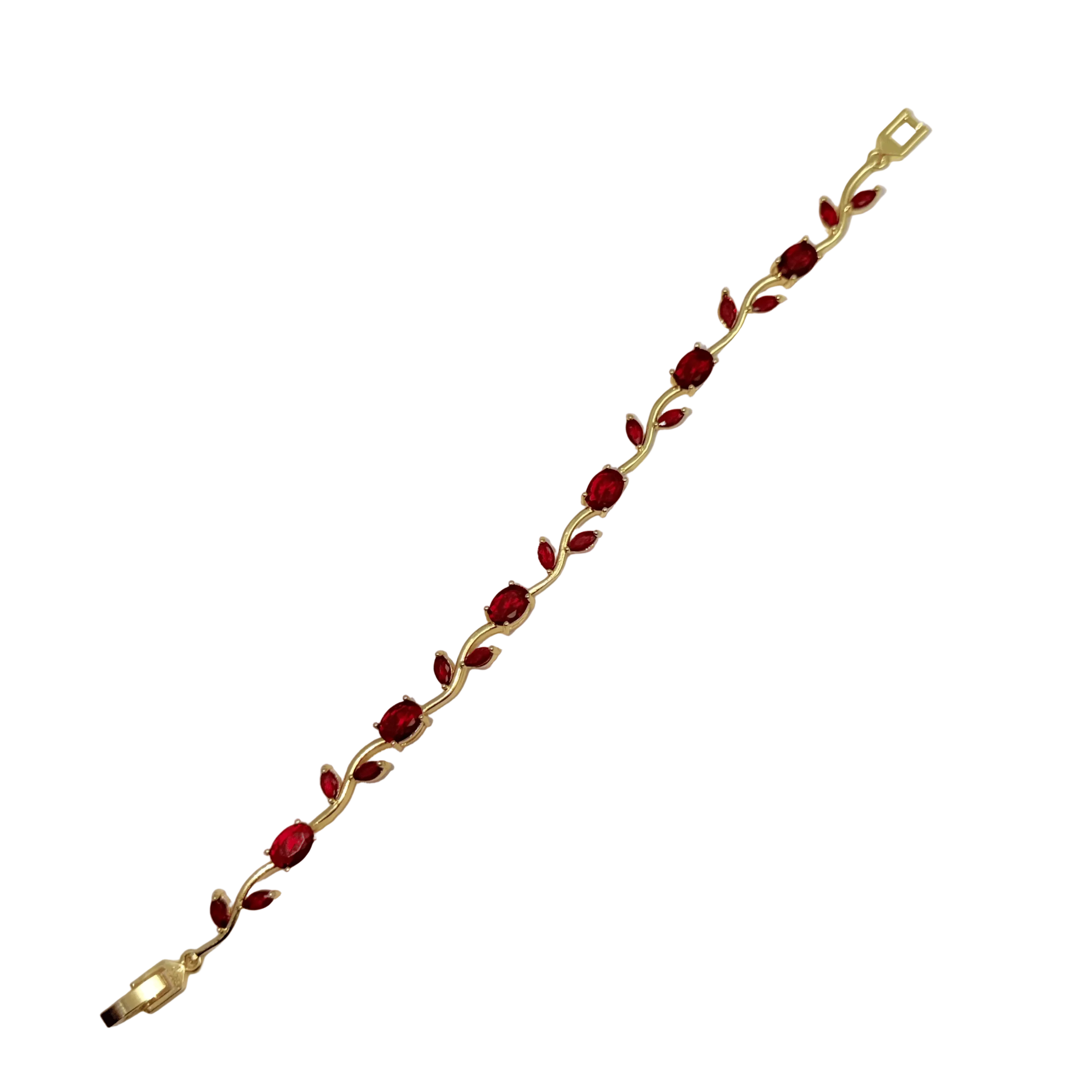 Gold bracelet with red stones on a white background