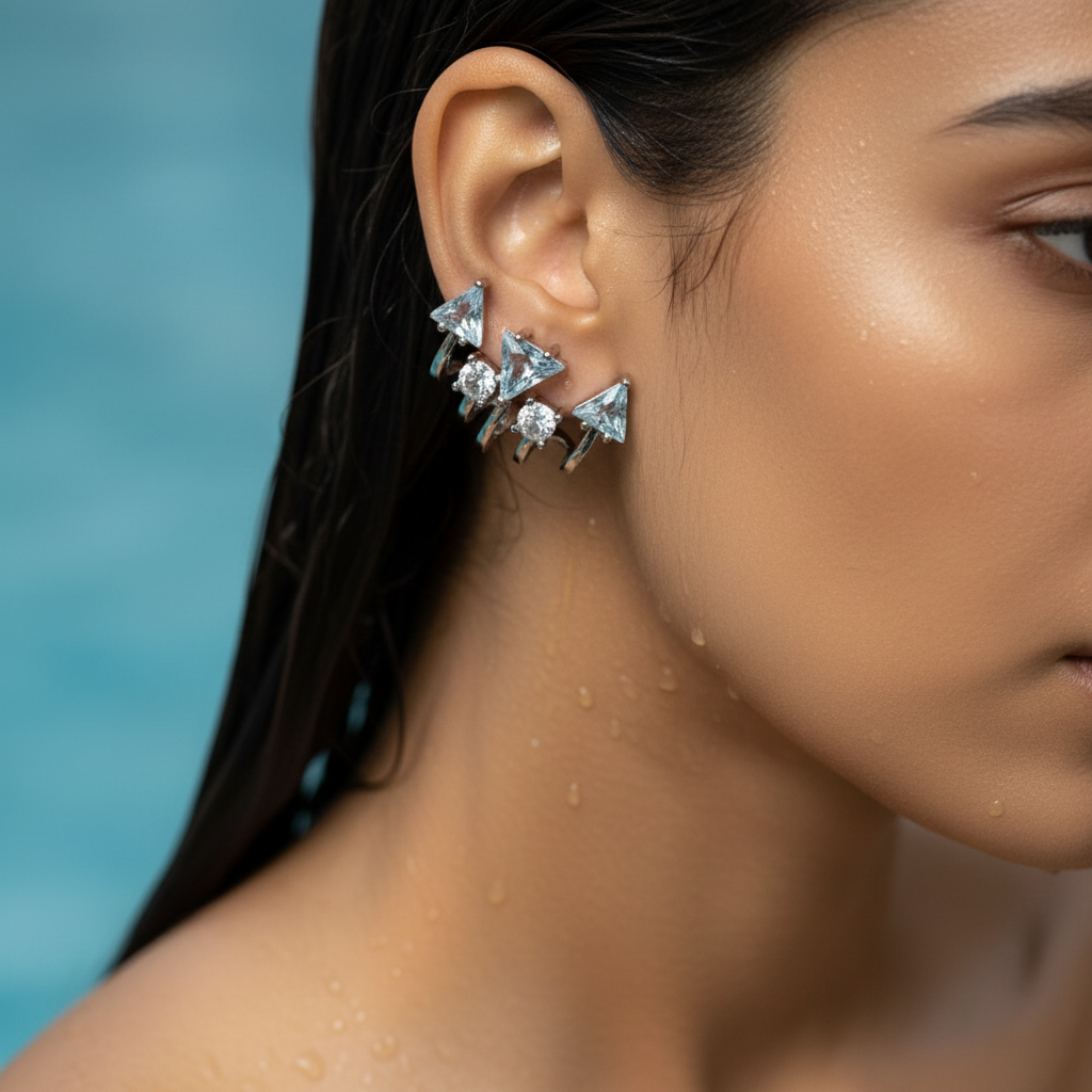 Silver Geometric Multi-Crystal Earrings
