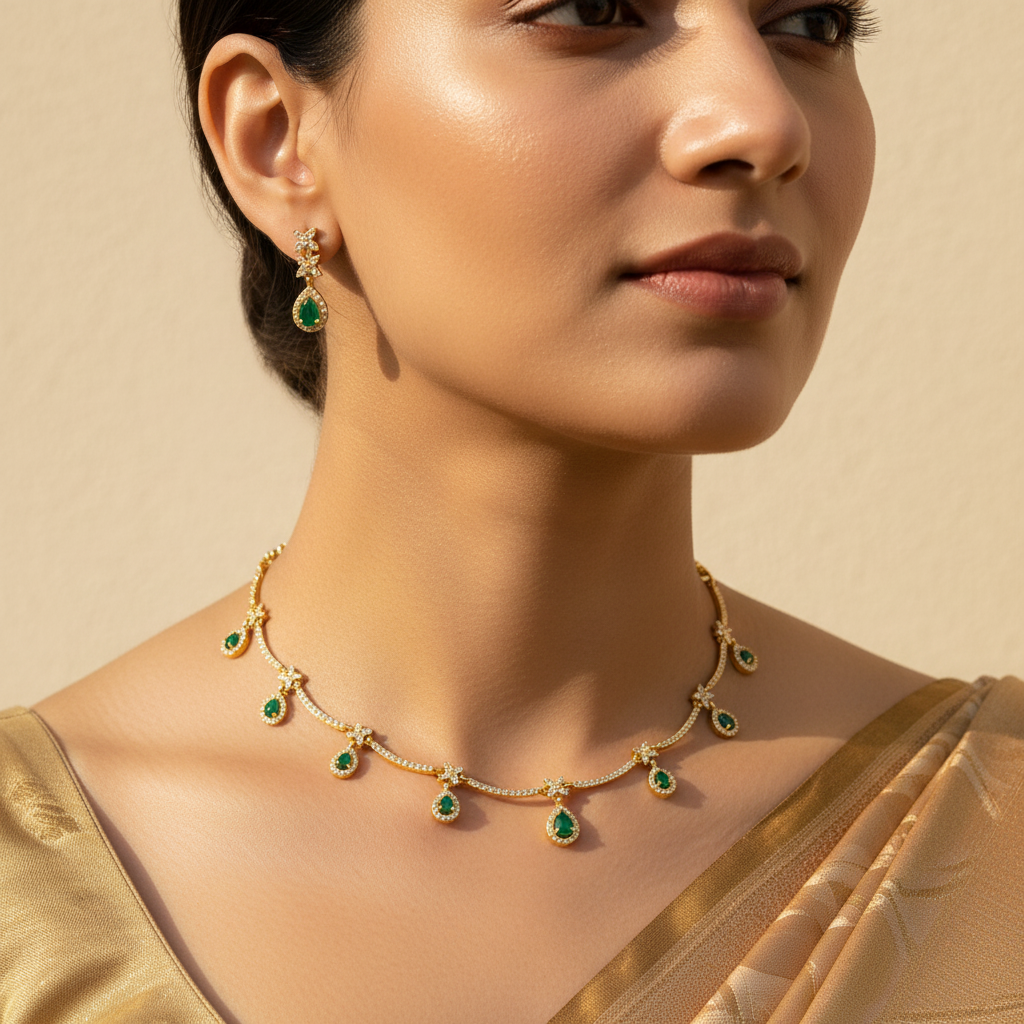 Woman wearing a gold necklace with green gemstones against a beige background