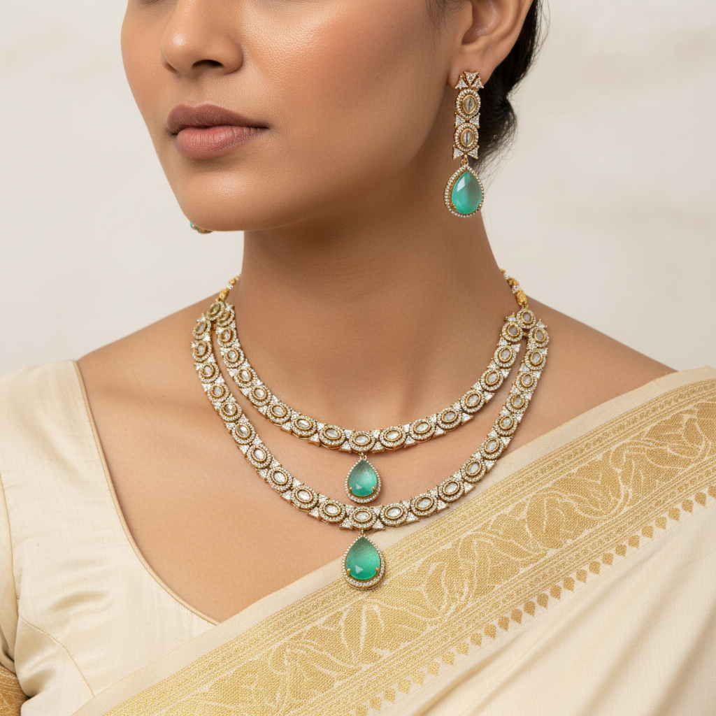 Woman wearing a gold necklace with green gemstones and matching earrings.