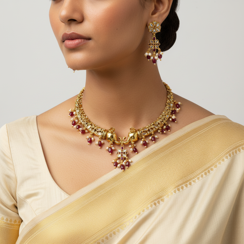 Woman wearing a gold necklace and earrings with a plain background