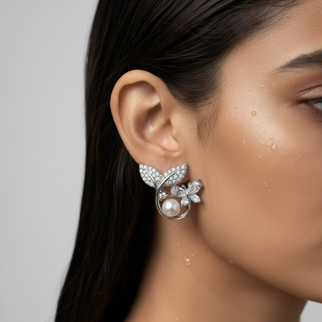 Nature-Inspired Pearl and Crystal Earrings
